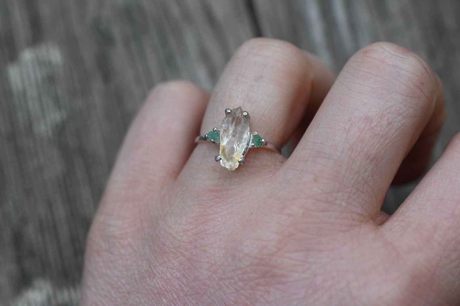 Engagement ring Emerald and Lake County diamond sterling silver size 3 4 5 6 7