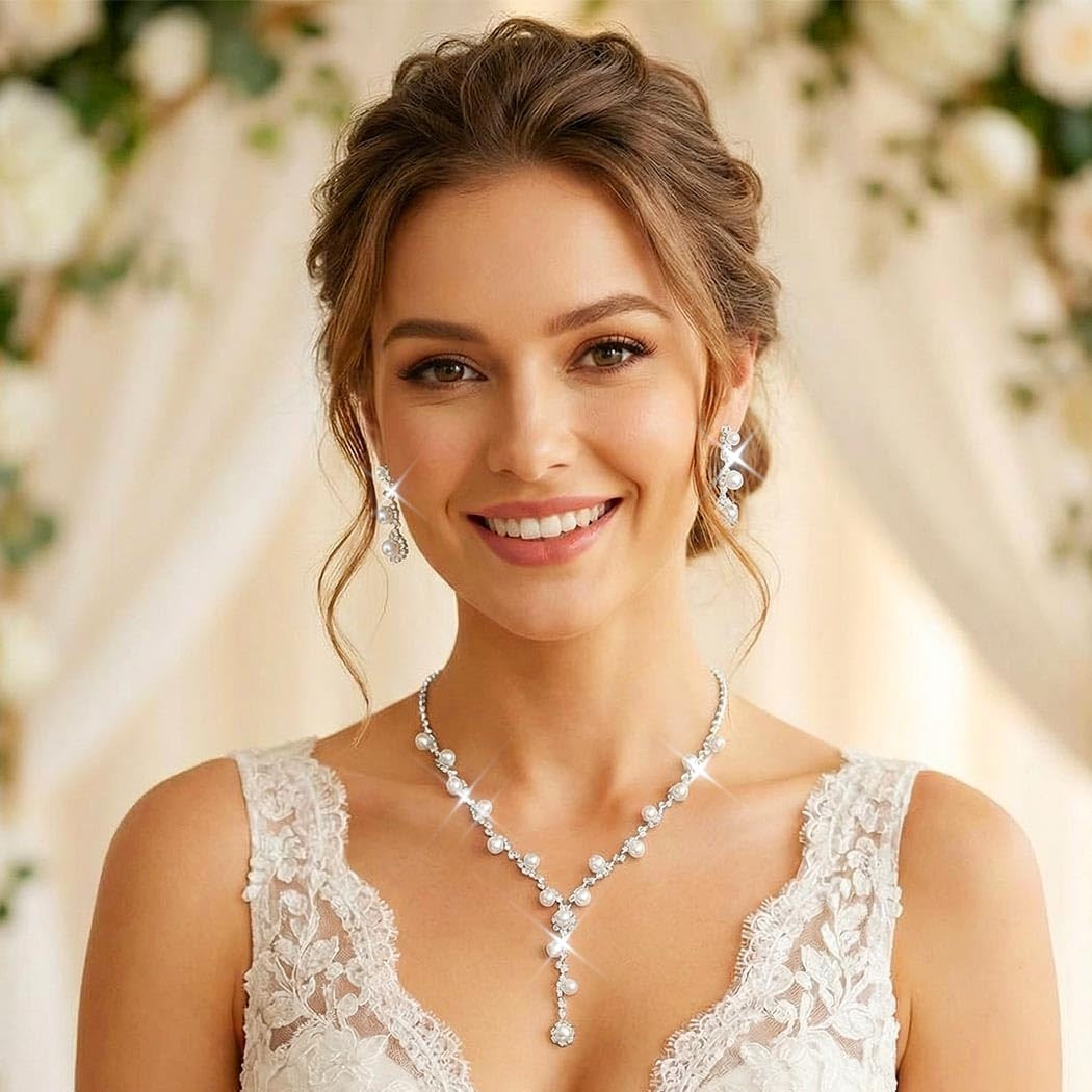 Silver Pearl Bridal Wedding Jewelry Set Rhinestone Necklace Earrings Bracelet Se