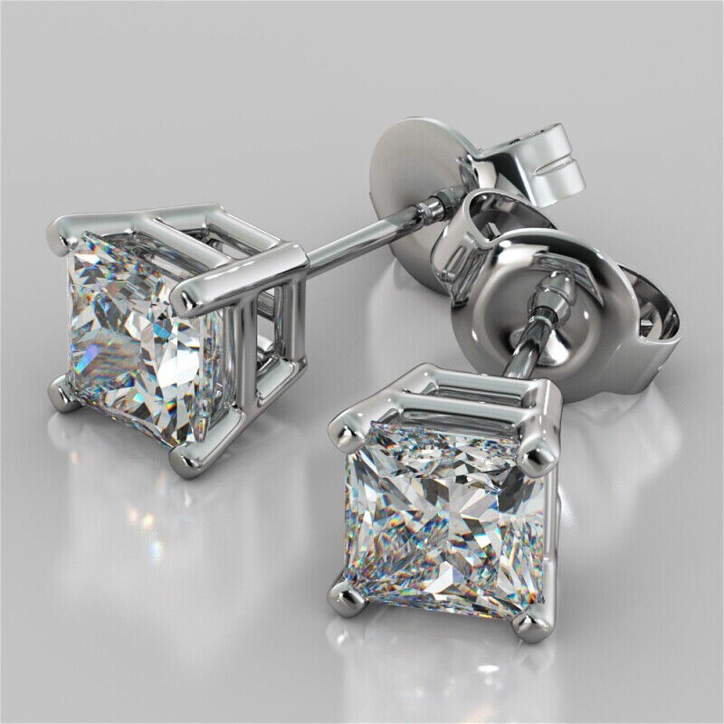 14k princess cut stud earrings lab simulated diamonds yellow or white gold