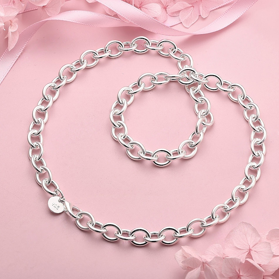 Hip-hop 925 Sterling Silver Plated Chunky Rolo Chain Necklace 45 cm 17.7 in