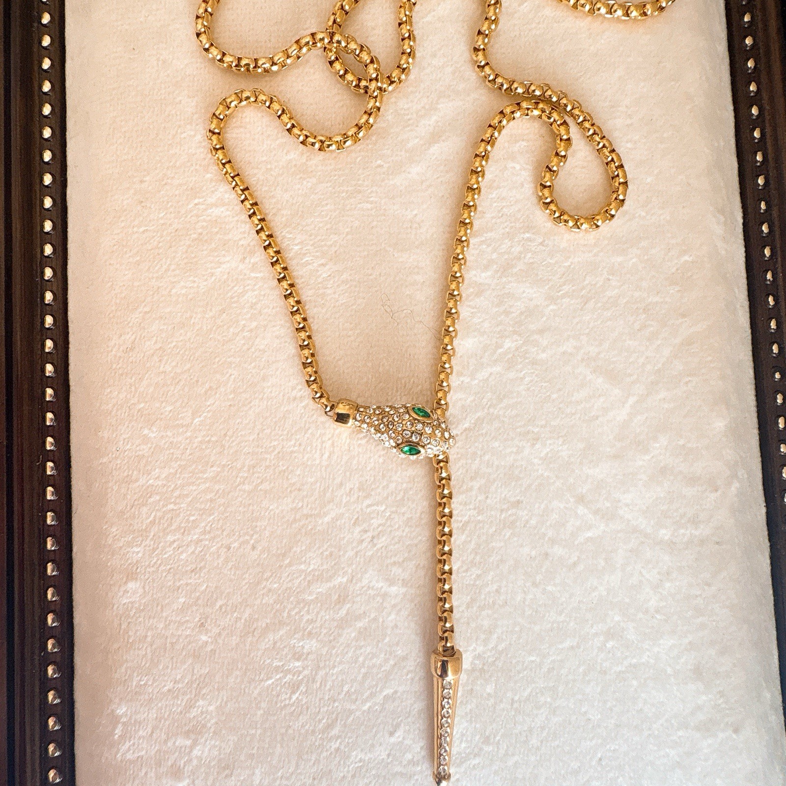 Snake Lariat Necklace Green Crystal Adjustable Waterproof Gold Tone