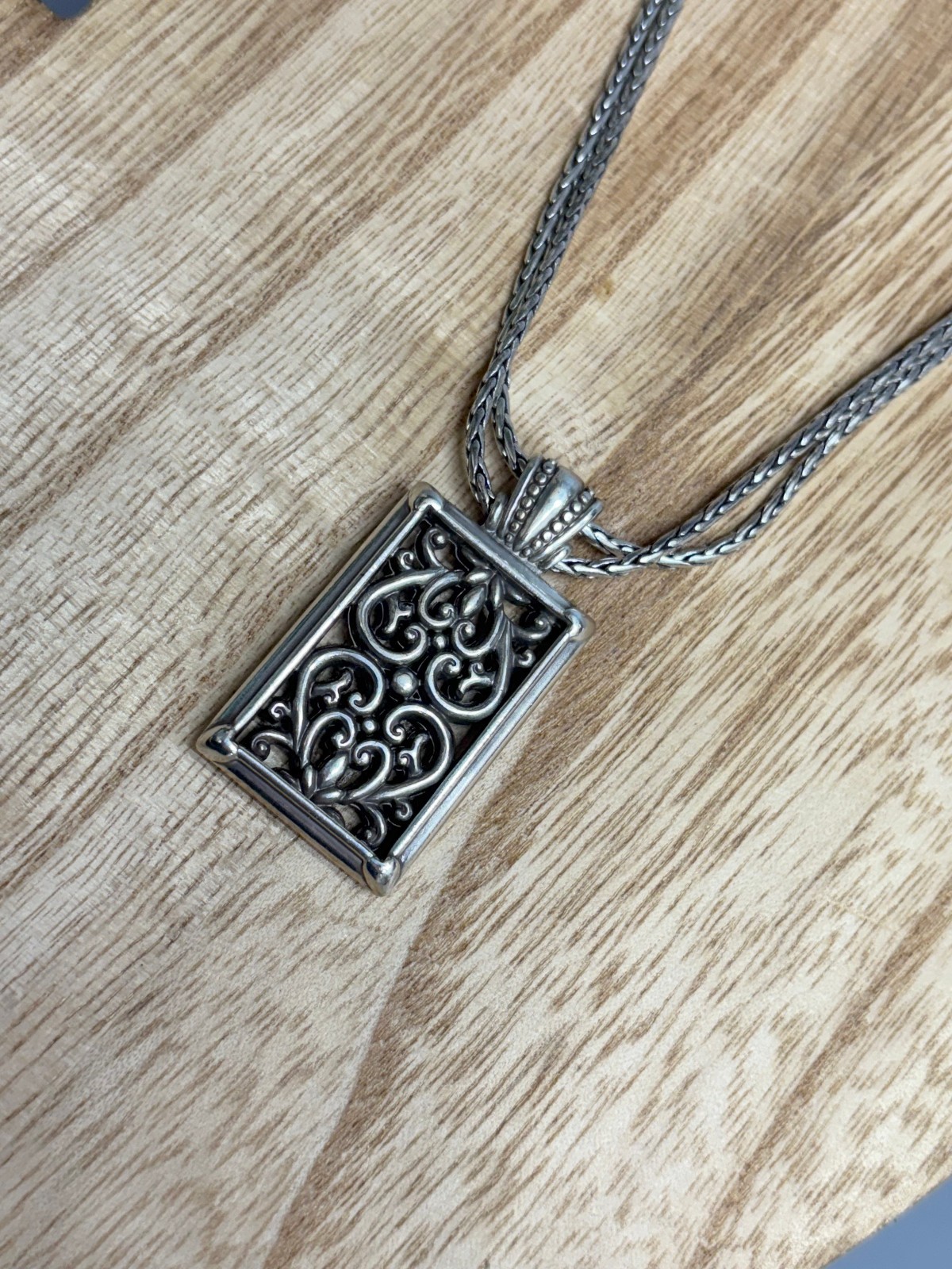 BRIGHTON Berkley Scroll Silver Pendant w/Long Necklace 24″/26″ Perfect!