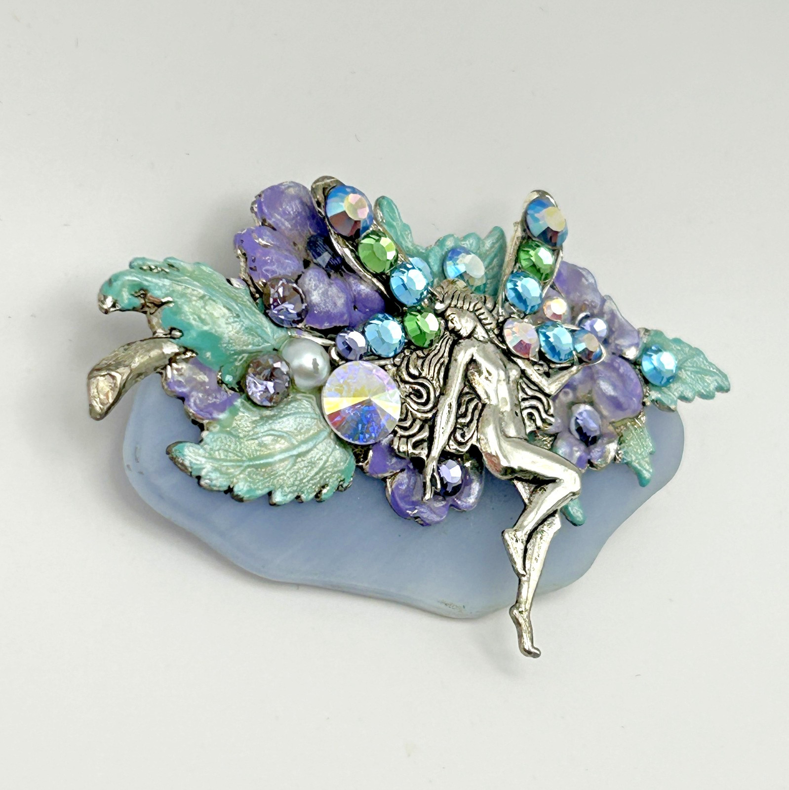 Fantasy Fairy Brooch AB Rhinestone Wings Flowers Leaves Whimsical Jewelry 2.5in
