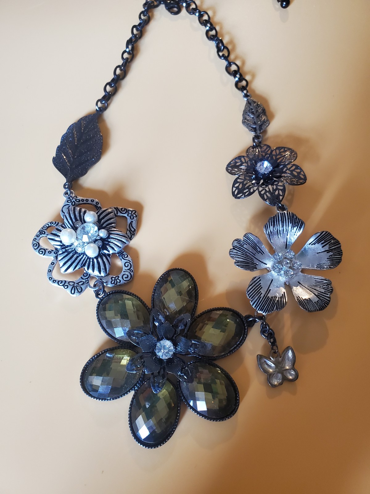 Park Lane Statement Necklace Crystal Pearl Flowers Leaves Butterfly Black Chain