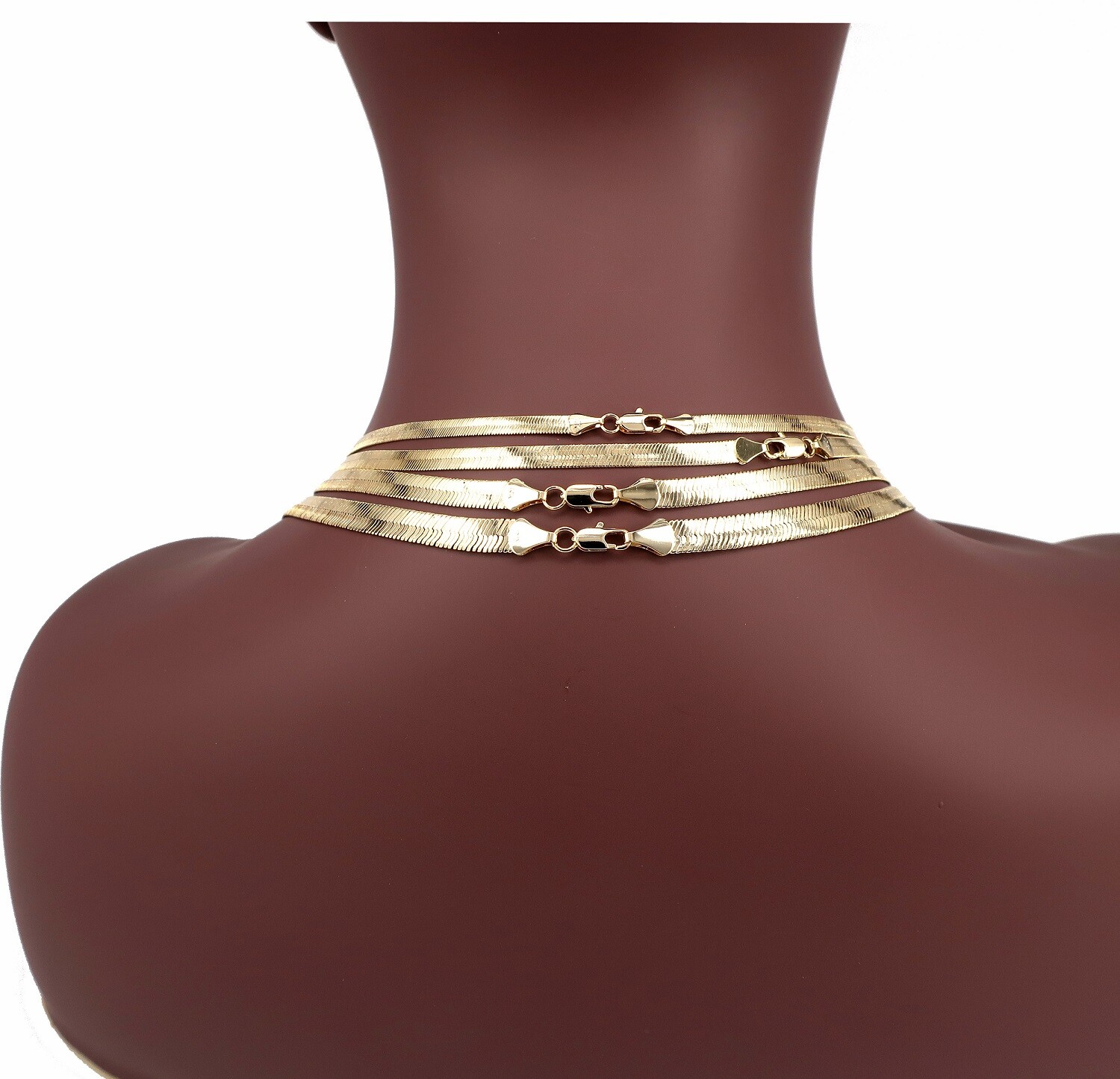 Yellow 14K Flat Herringbone Chain 4mm to 7mm Necklace Gold Plated