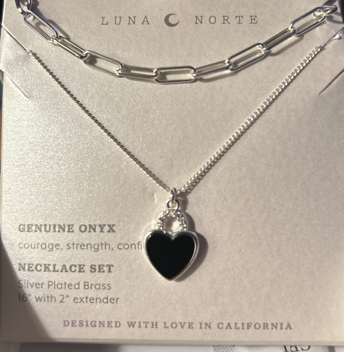 Luna Norte .925 SS Plated Brass Necklace Set~genuine Black Onyx Heart 16+2 New!