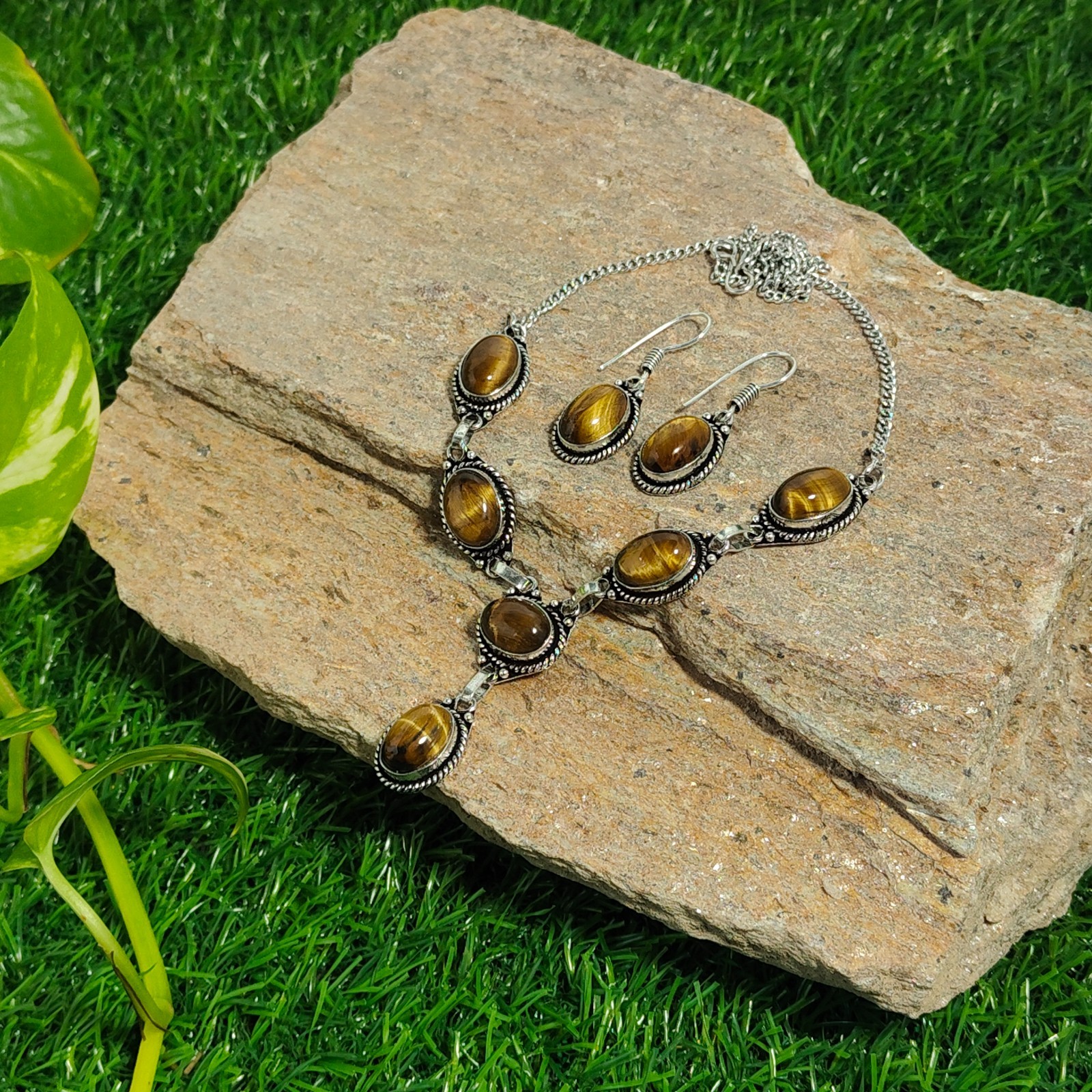 Boho Tiger Eye Pendant Earring Set/925 Silver Plated Jewelry Set/Christmas Gift
