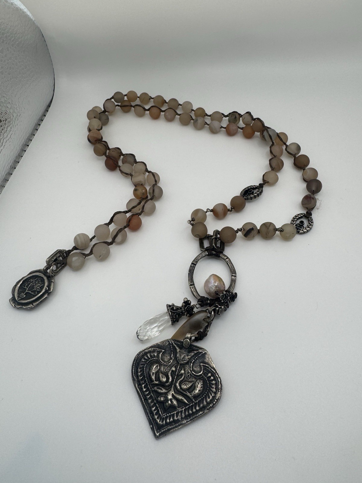 Early Love Heals Heart Beaded Long Pendant Necklace Crystal Geode