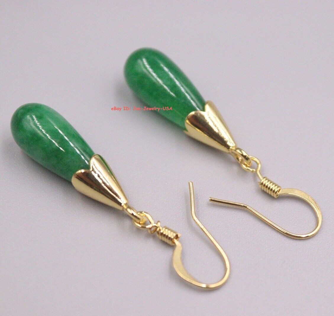 New Gold Plated Alloy Heated Dark Green Jade Droplet Charm Dangle Earrings