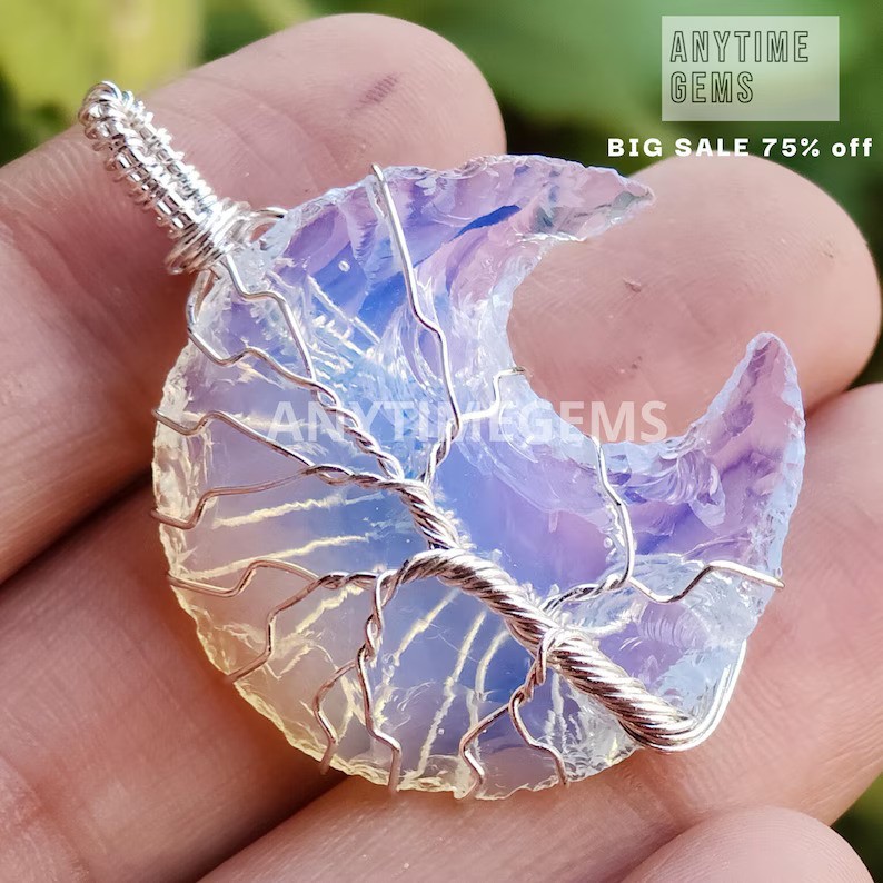 Wire Wrapped Opalite Crescent Moon Tree of Life Pendant Gift For Her