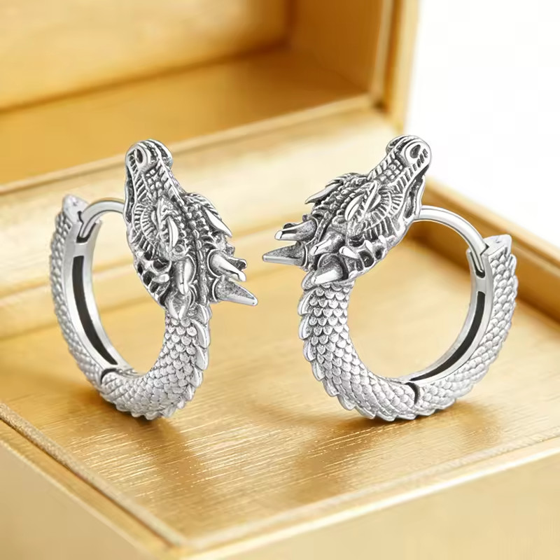 Silver Mythical Fantasy Dragon Warrior Earrings for Him or Her Unisex