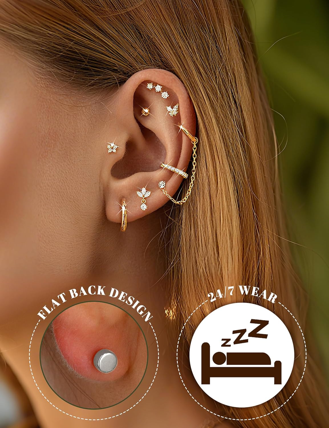 Cartilage Earrings for Women – 14K Gold Plated Flat Back Helix Conch Tragus Pier