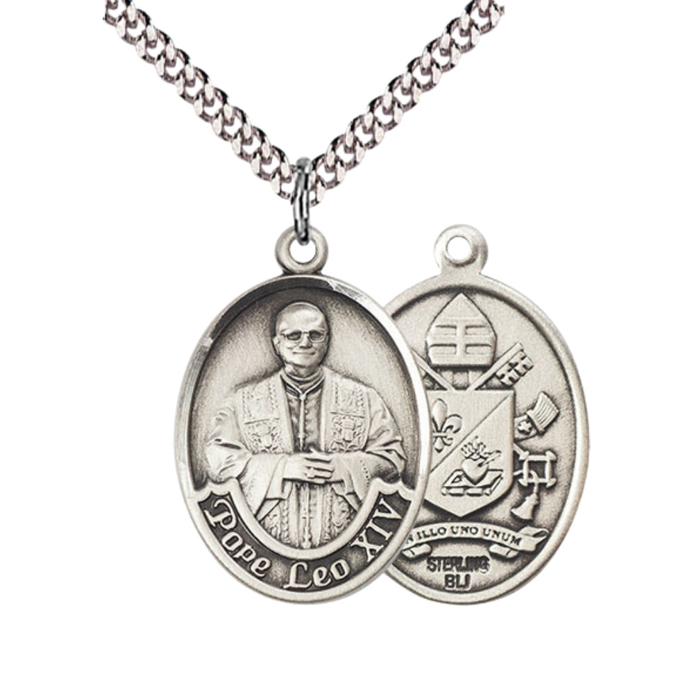 Large Sterling Silver Pope Leo XIV Medal Pendant 27 Inch Chain Necklace