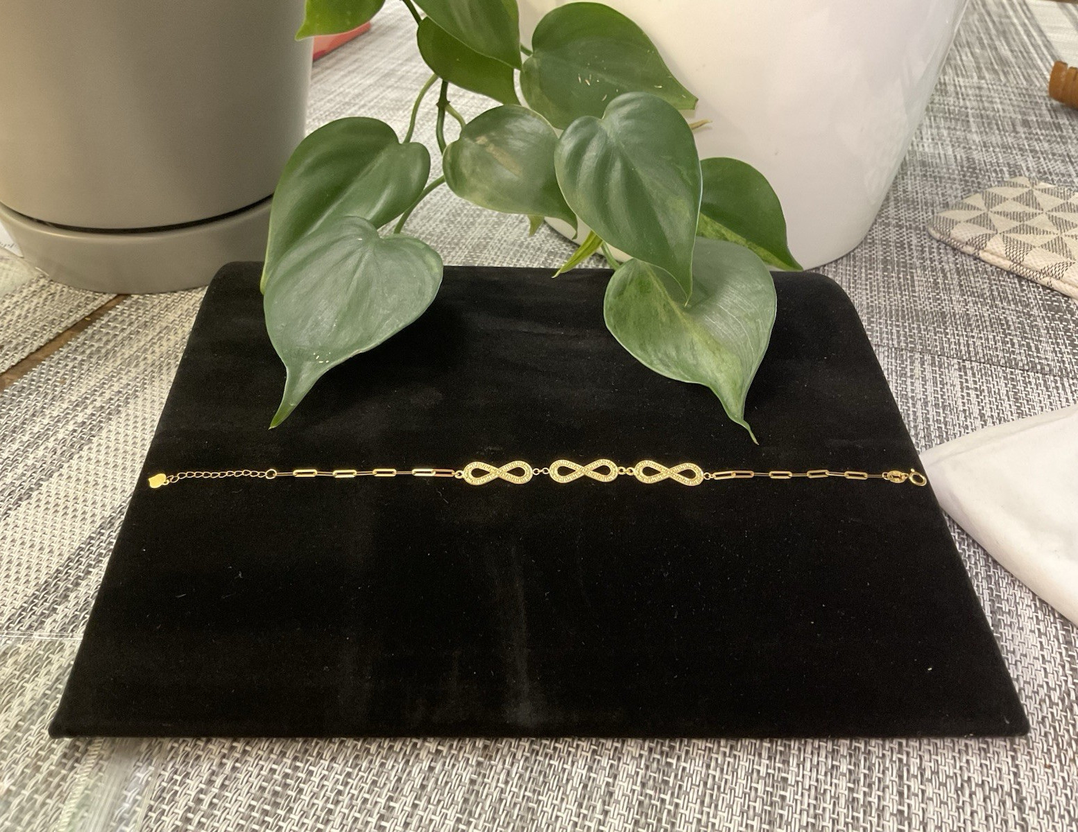18K Real Gold Infinity Link Bar Chain Bracelet 7 in Spring Ring Closure