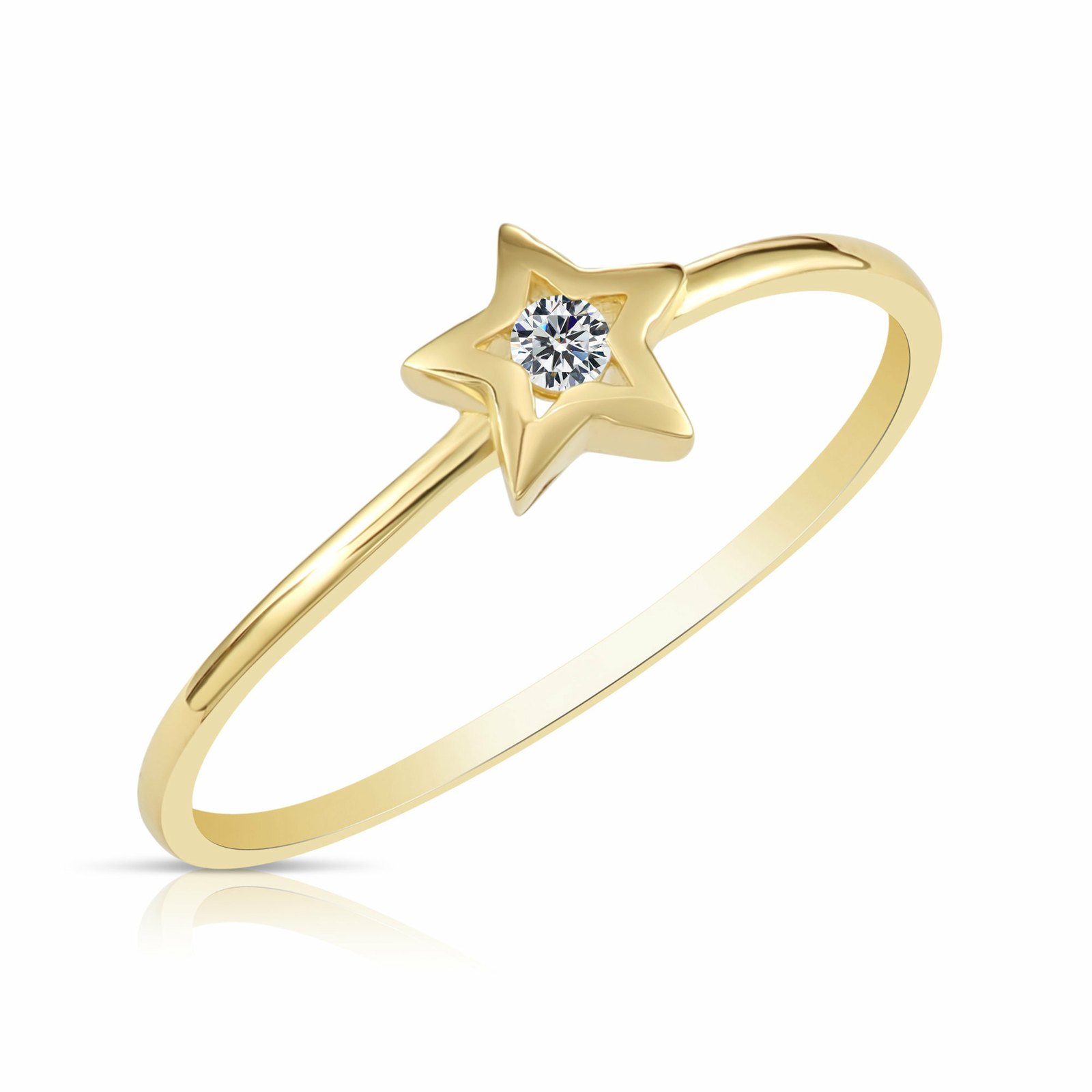 10K Real Solid Yellow Gold Dainty Star Cubic Zirconia Minimalist Band Ring