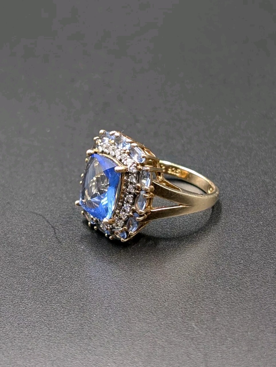 Ross Simons 14k Gold Plated Sterling 925 Simulated Tanzanite Iolite CZ Halo Ring