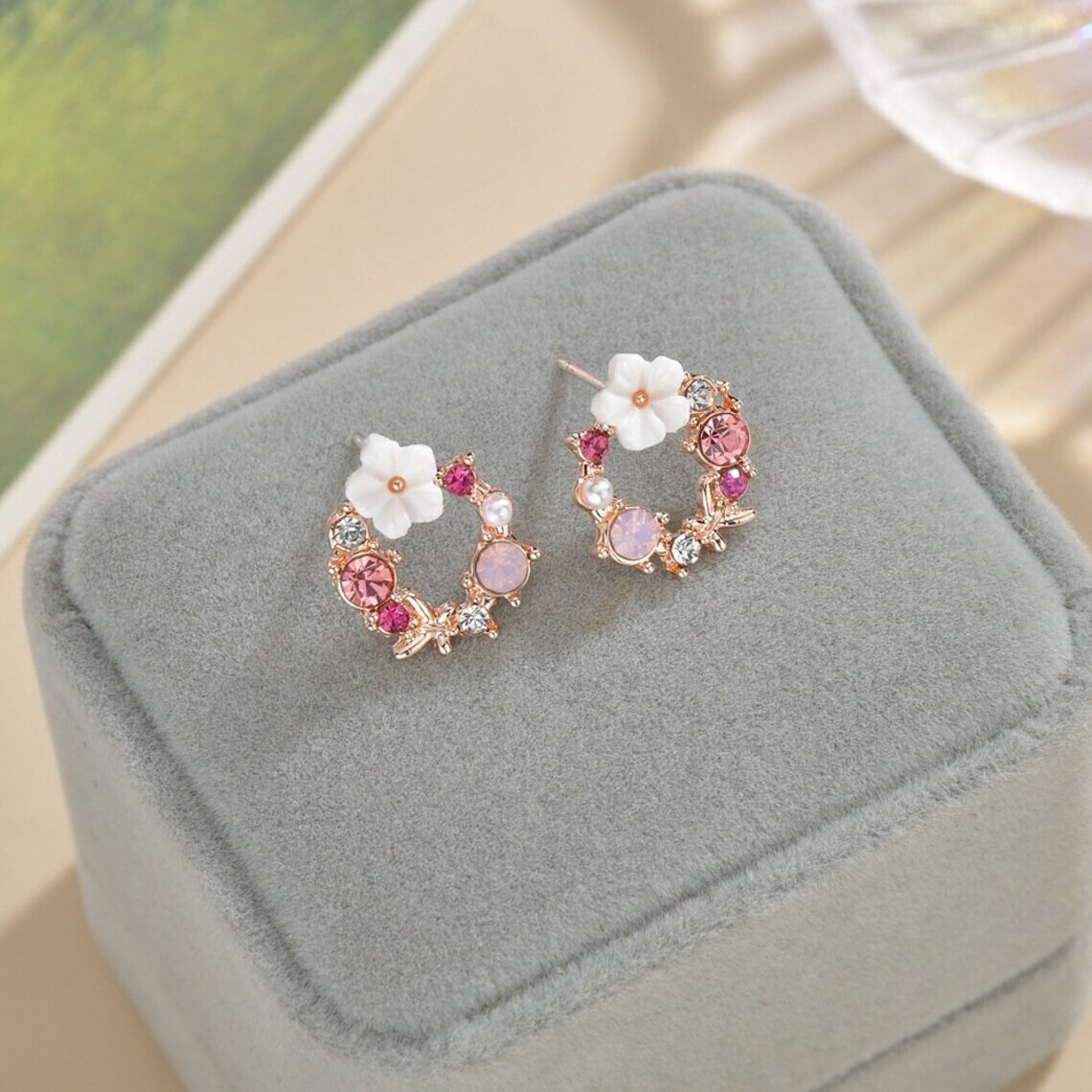 Natural Pearl Crystal Flower Stud Earrings Rose Gold Post Earrings Handmade