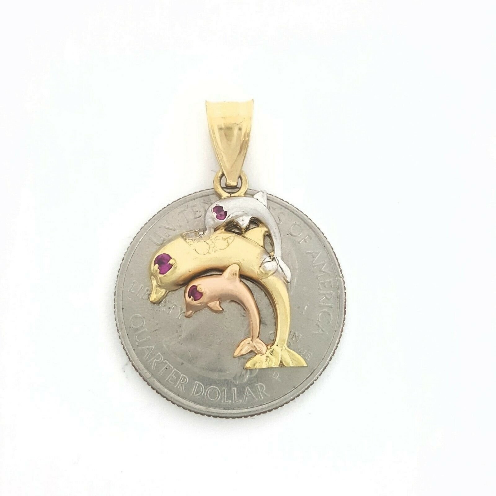 New 14k tri color Gold 3 dolphins Pendant charm gift fine jewelry for her 2.4g