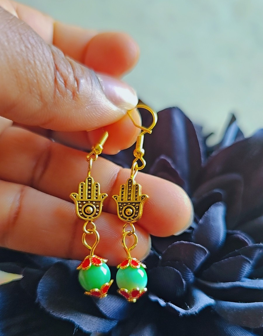 Gold-Tone Hamsa Hand Dangle Drop Earrings Green & Red Beaded Hook Pair