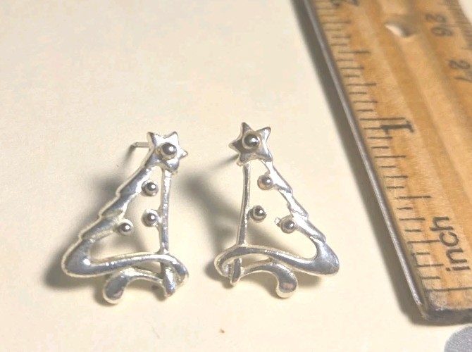 Cute Silver Tone Christmas Tree Earrings