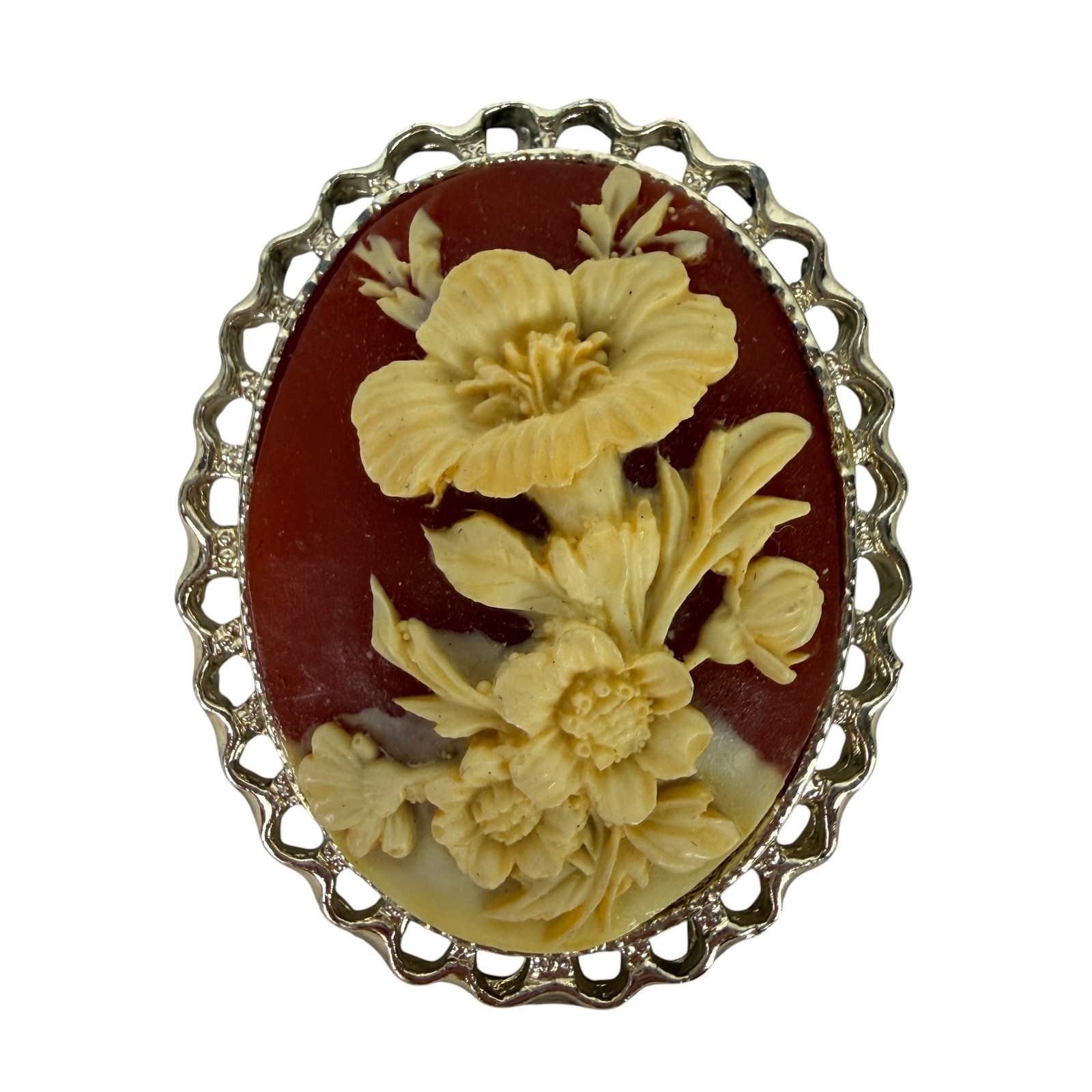 Vintage Floral Cameo Brooch Pendant Silver Tone Red Cream Flower Filigree Oval