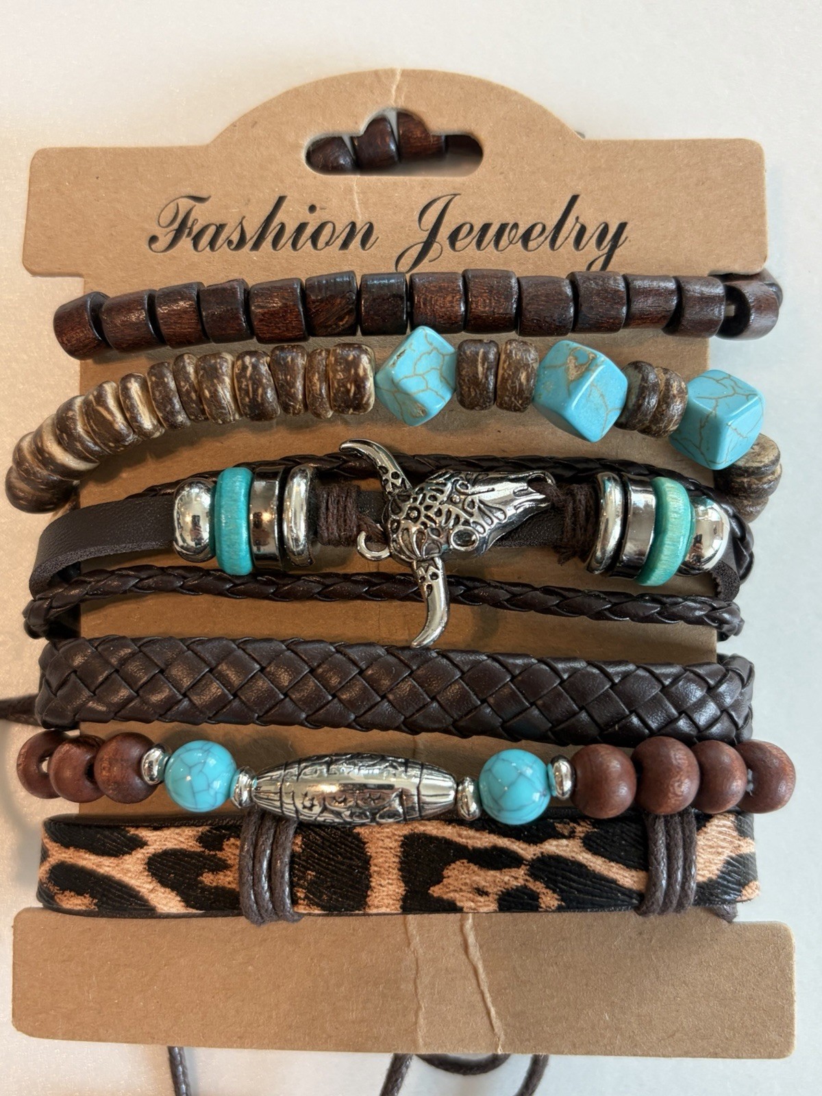 6 Pcs boho tribal leather bracelet stack turquoise bead and Leopard Print New!