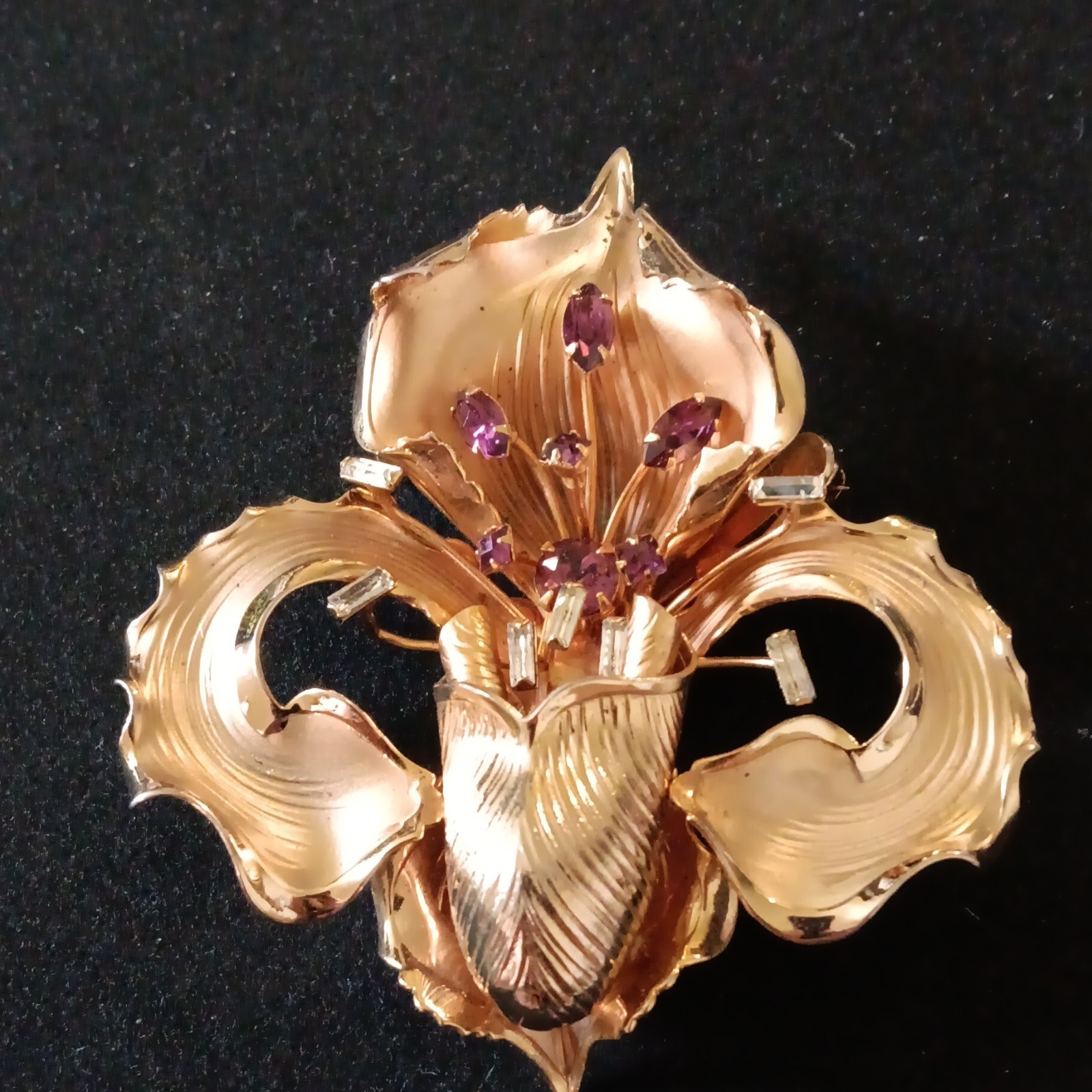 Vintage gold Tone Pin ,Purple &clear Rhinestones Accents ,Metal 3 in