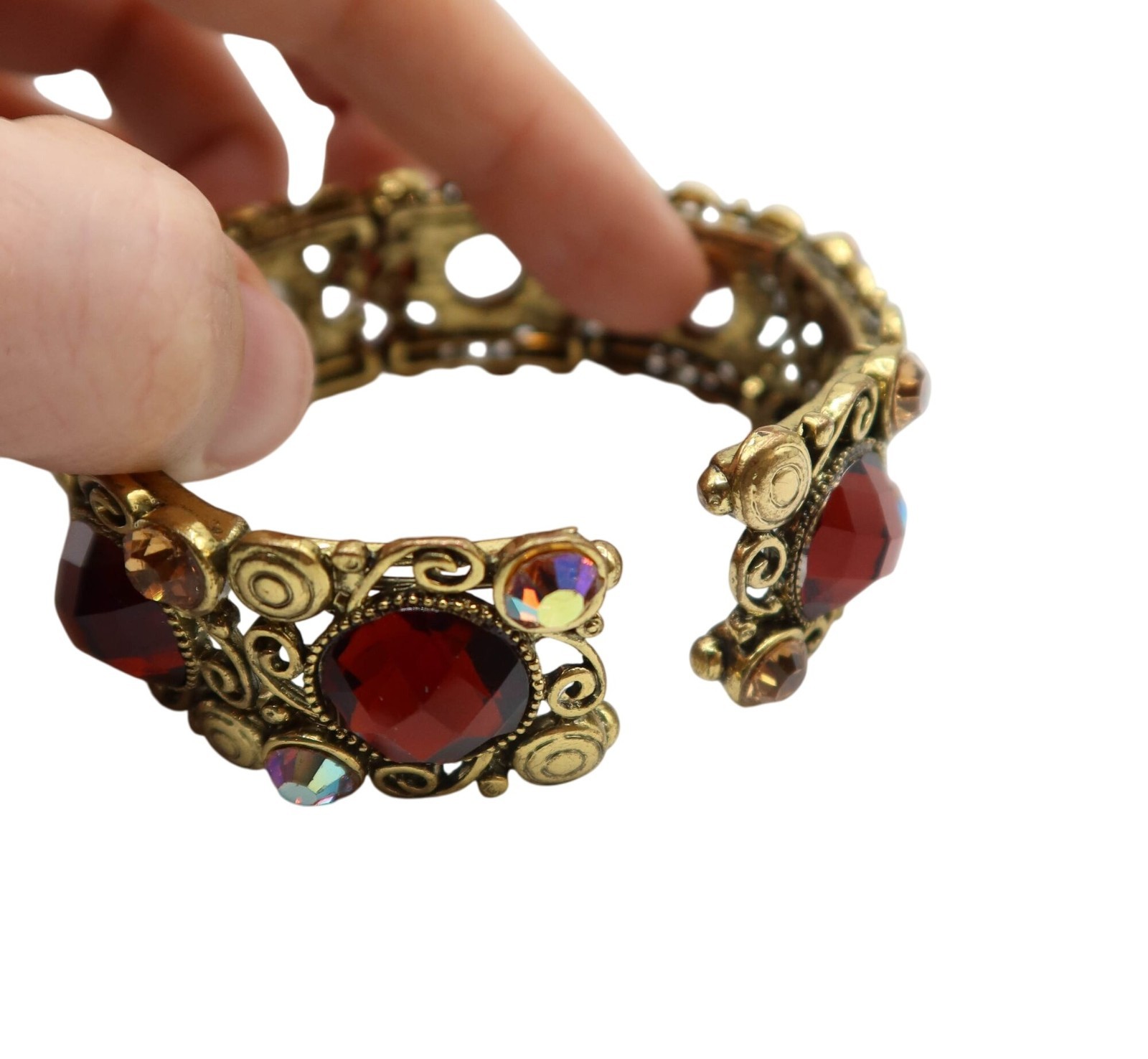 Gold Tone Bracelet With Red Faceted & Aurora Borealis Rhinestones