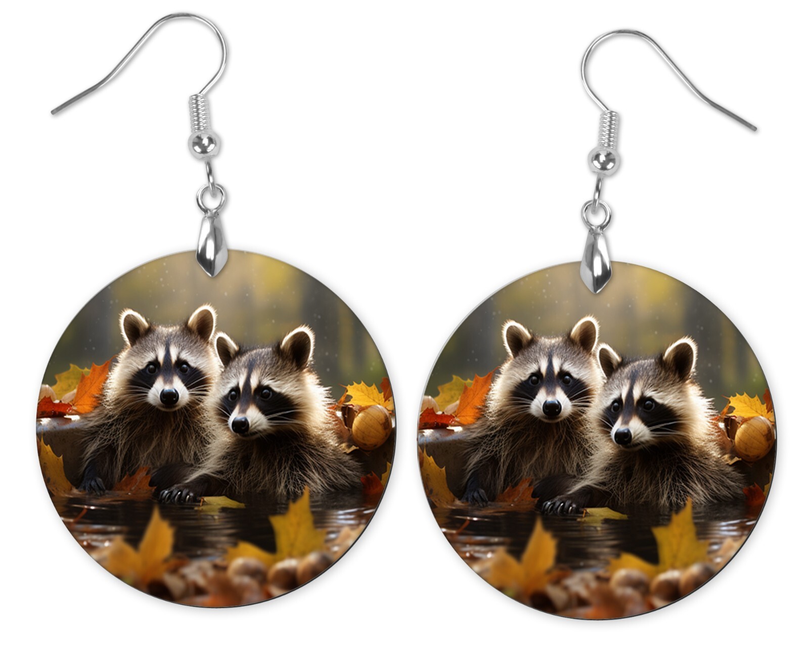 Fall Raccoons Round Printed Wood Dangle Earrings