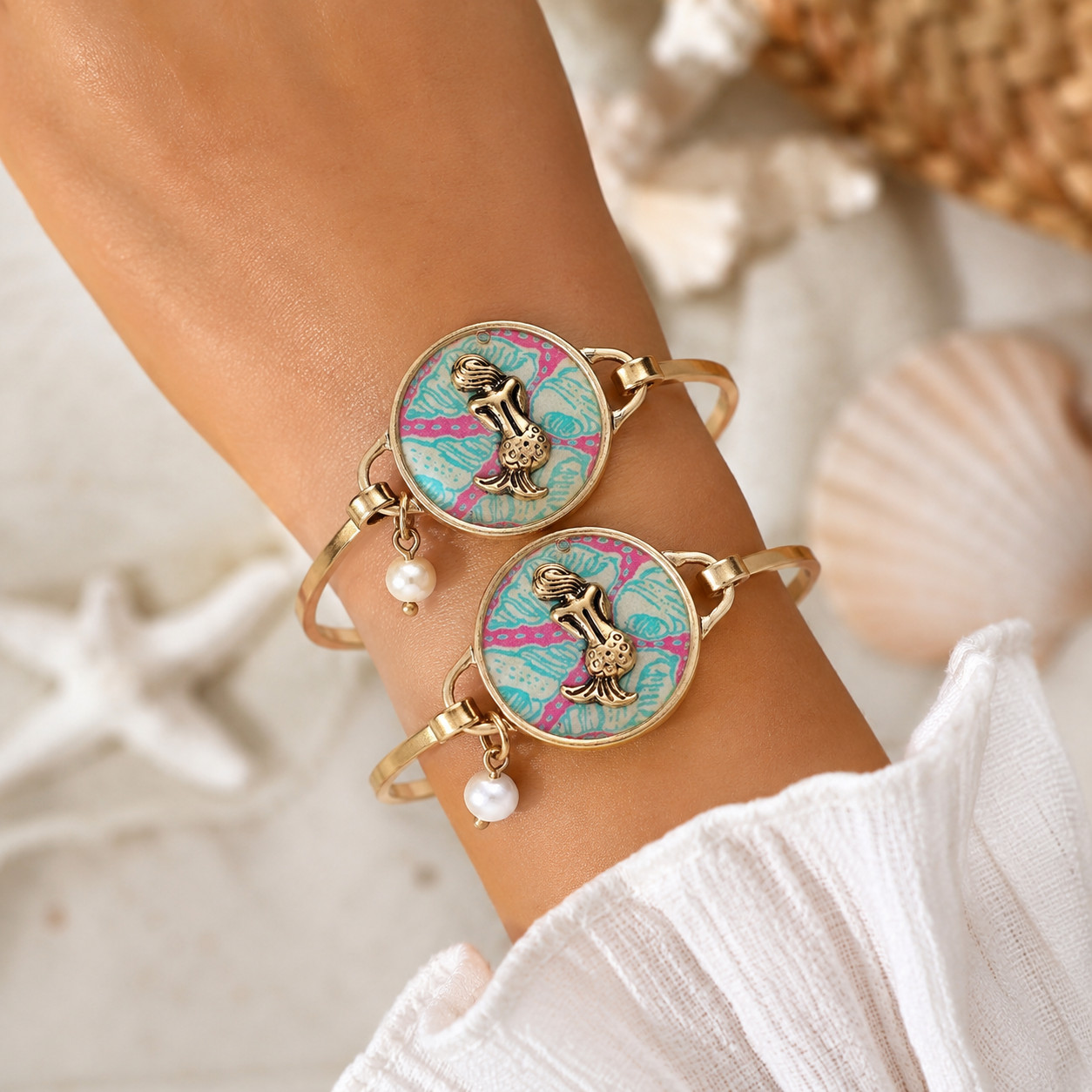 2PCS Mermaid Hook Bangle Bracelets Gold Tone Pearl Charm Ocean Beach Jewelry