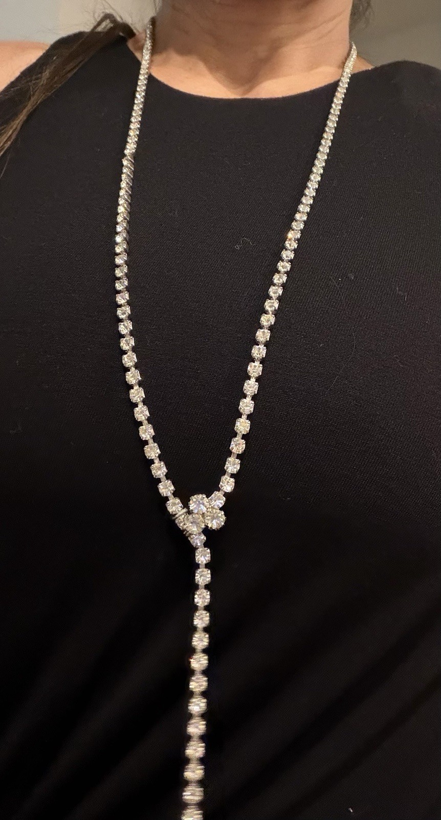 Silver Tone Lariat Y-Drop Necklace Oval White Crystal Bezel Pendant 19-24in