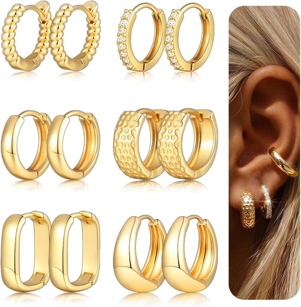 6 Pairs Gold Hoop Earrings Set for Women, 14K Gold Plated Lightweight Chunky Twi