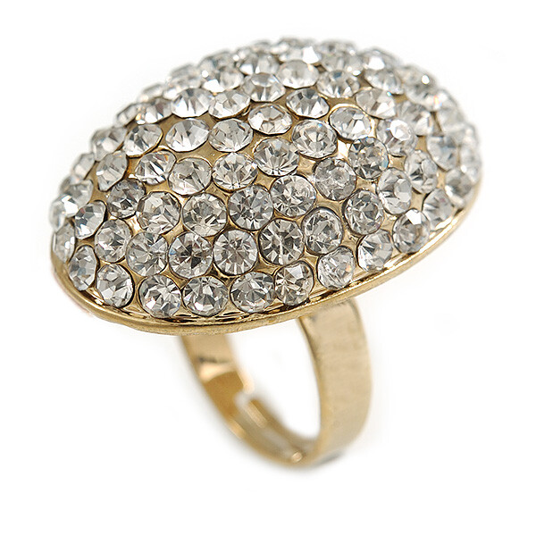 30mm Dome Shape Crystal Ring In Gold Tone Metal/ Clear/ Size 7/8 Adjustable