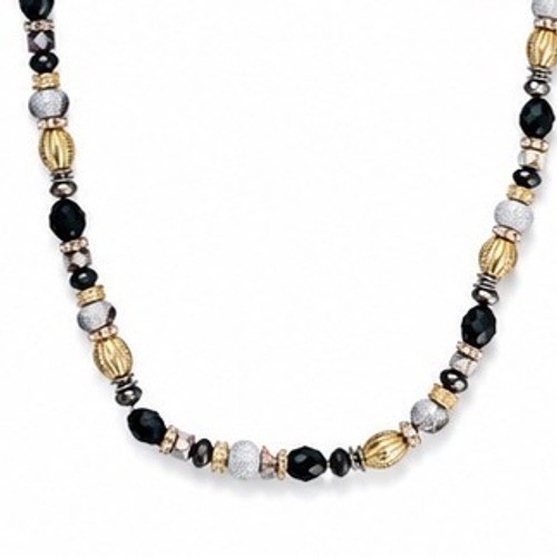 Mixed Metal Long Beaded Necklace Black Gold Silver Crystal Accents 36″ Long
