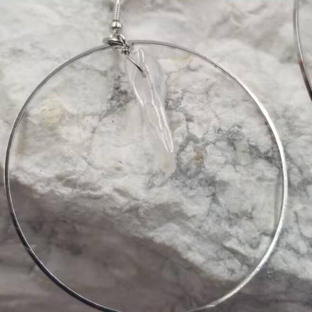 Clear Quartz Crystal Circle Hoop Dangle Earrings