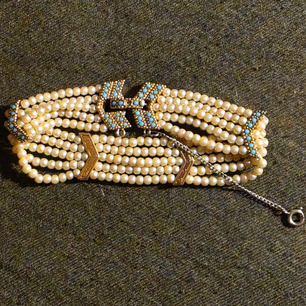 Ciner Multi-Strand Faux Pearl Beaded Bracelet Blue Accents Slide Clasp