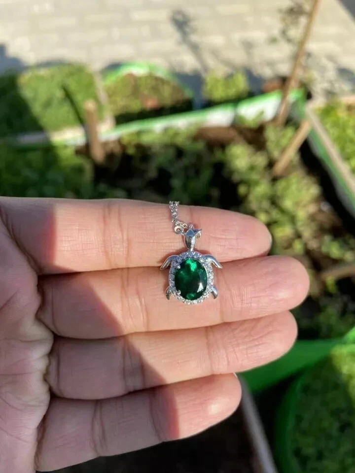 2.00Ct Oval Simulated Emerald Turtle Pendant With 18″Chain 14K White Gold Plated