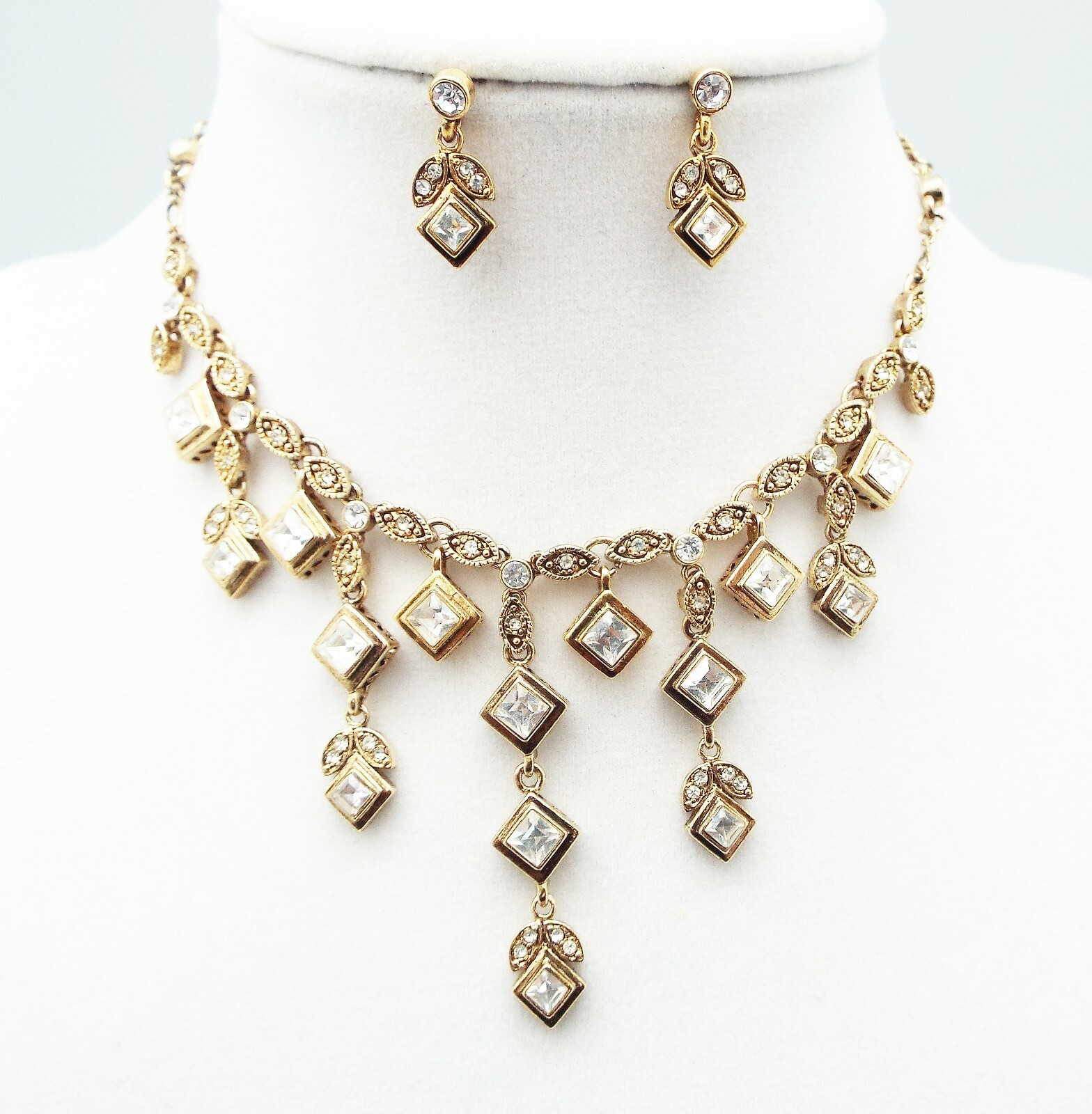 DESIGNER INSPIRED CLEAR PRINCESS CRYSTAL GOLD NECKLACE EARRINGS JEWELRY SET NEW
