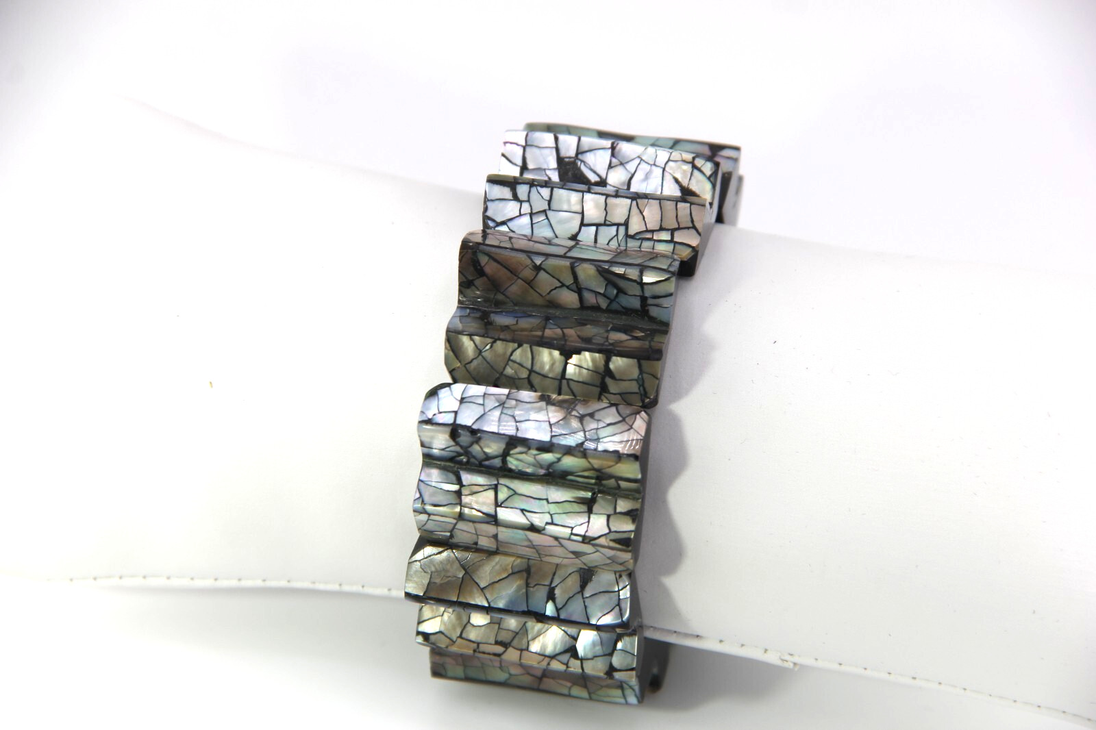 Abalon Mosaic Shell on Black Zig-Zag Shaped Resin Base Stretch Bracelet