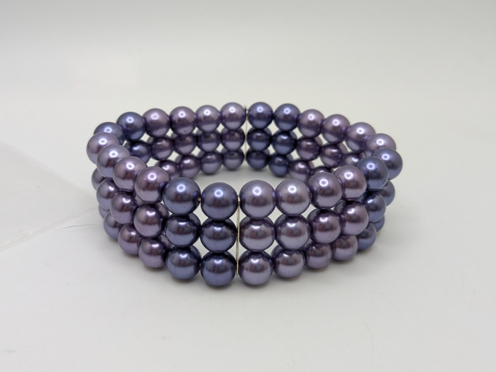 Vintage 3 Lines Two Tones Purple Color 8 Mm Faux Pearls Stretched Bracelet 7 “