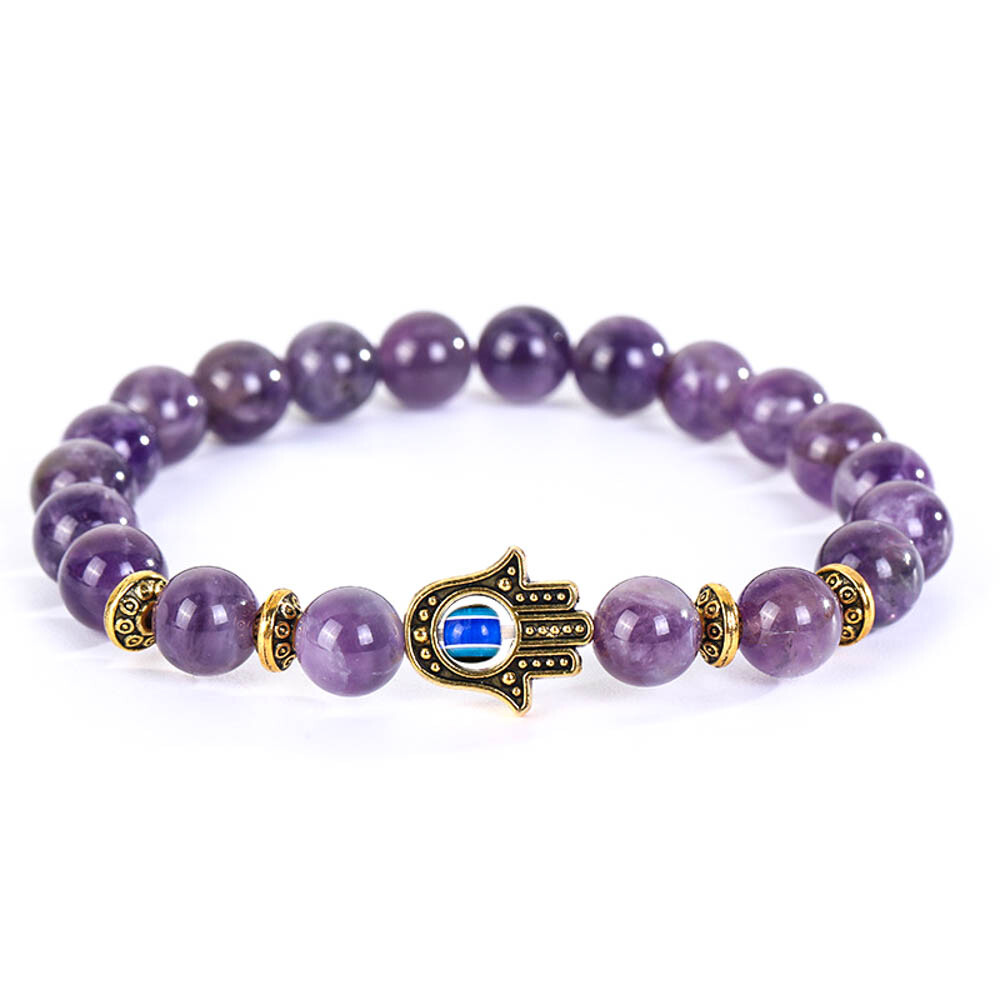 Handmade Hamsa Hand Evil Eye Charm Natural Stone Beads Stretch Bracelet 4 Colors