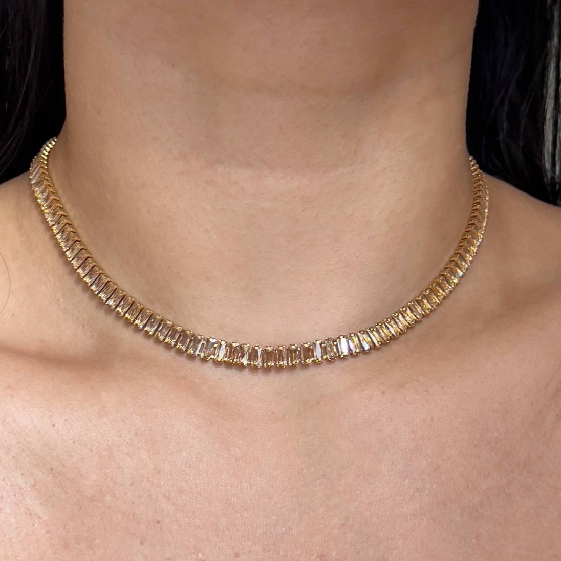 Gold Baguette Tennis Necklace Champagne Crystal Stainless Steel Choker Necklace