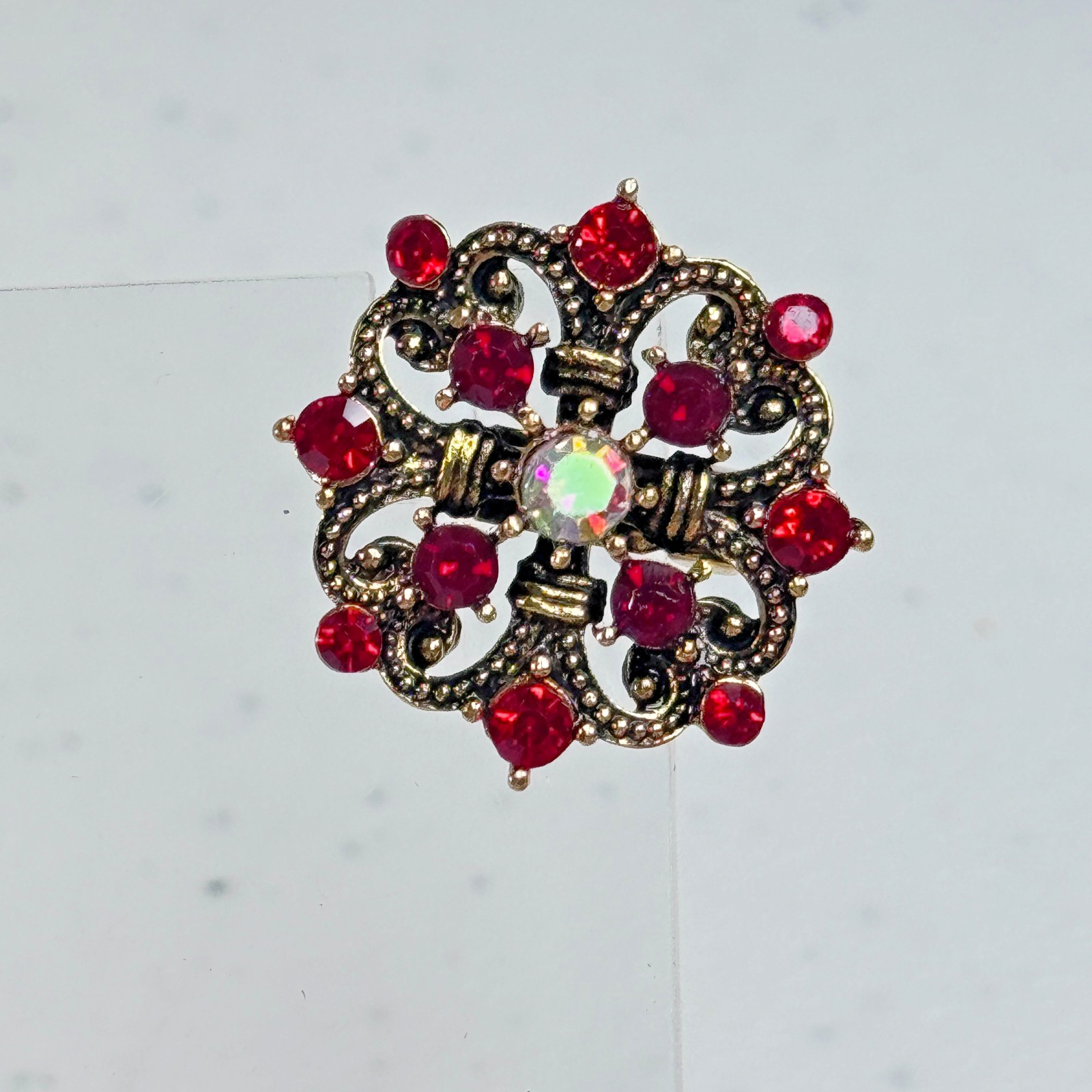 Brooch Red Rhinestone Aurora Borealis Floral Gold Tone Layered Flower 1576-13