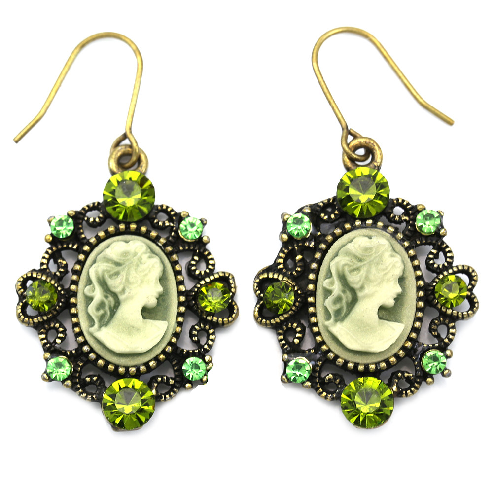 Heart Antique Style Bronze Tone Cameo Jade Dark Green Stone Dangle Earring Charm