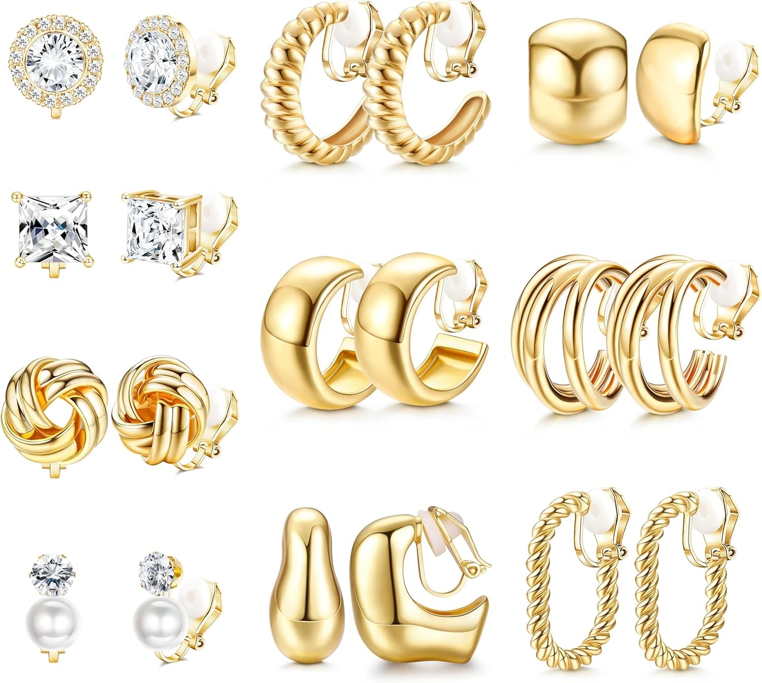 FIBO STEEL 10 Pairs Clip On Earrings for Women Non Pierced Ears CZ Pearl Knot Tw