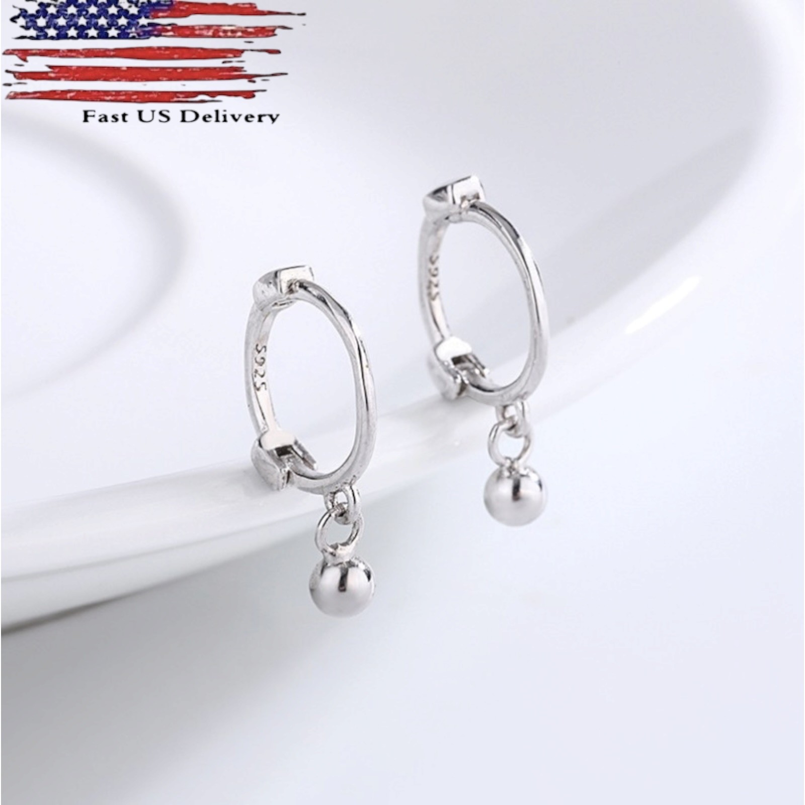 Women 925 Sterling Silver Dangle Ball Small Huggie Hoop Earrings 12mm C35