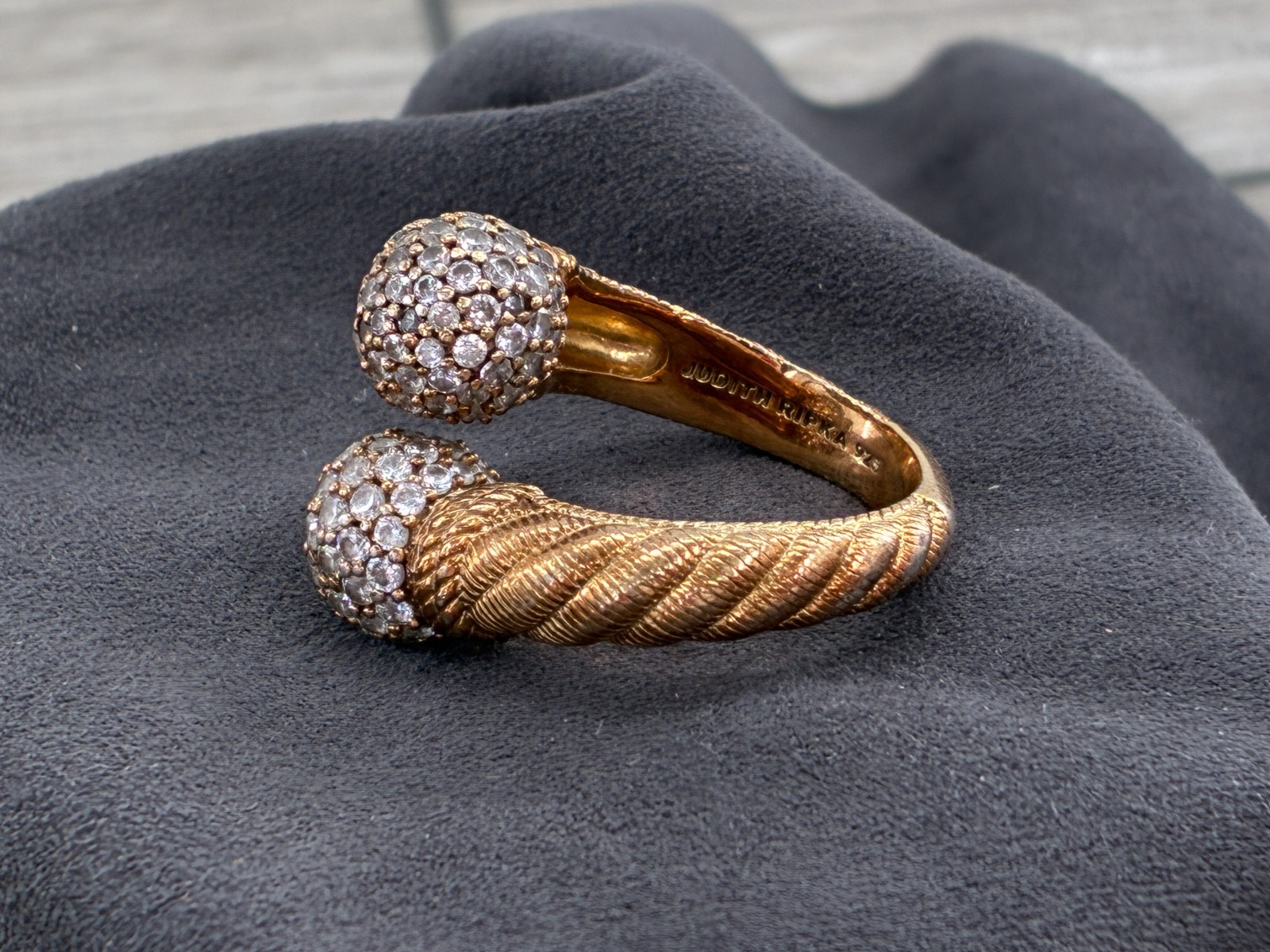 Vintage Judith Ripka Bypass Ring CZ Sphere Ball Tips Gold on Sterling Cable Band