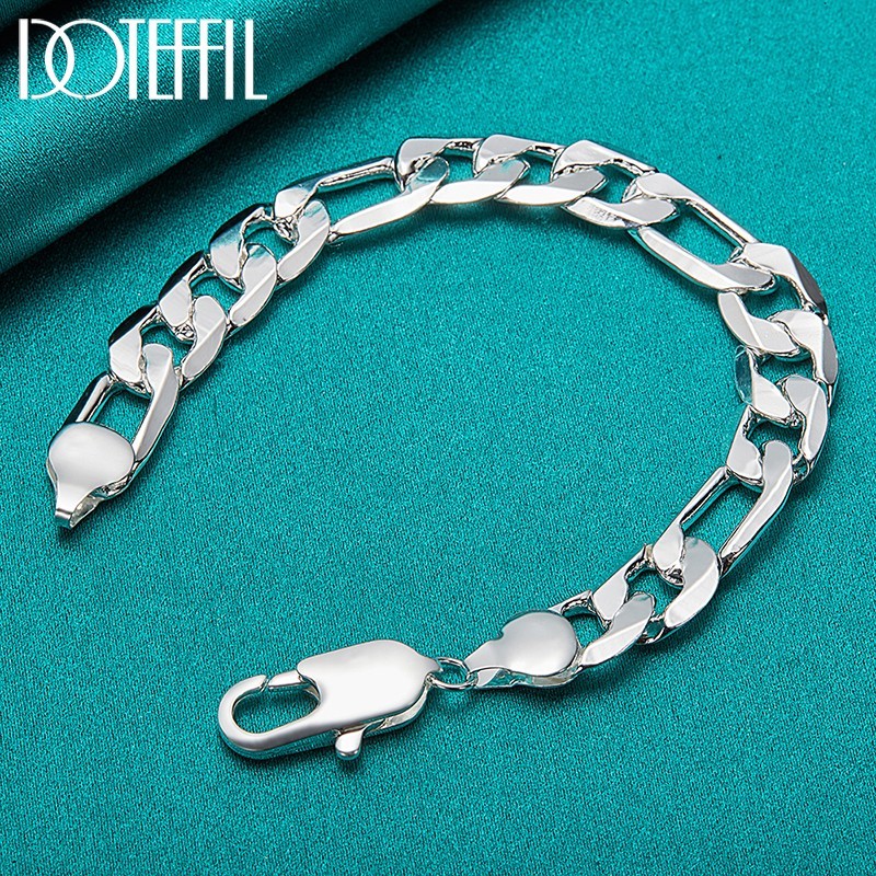 12MM Sterling Silver Bracelet Men 925 Side Chain Fashion Party Jewelry 8 inch