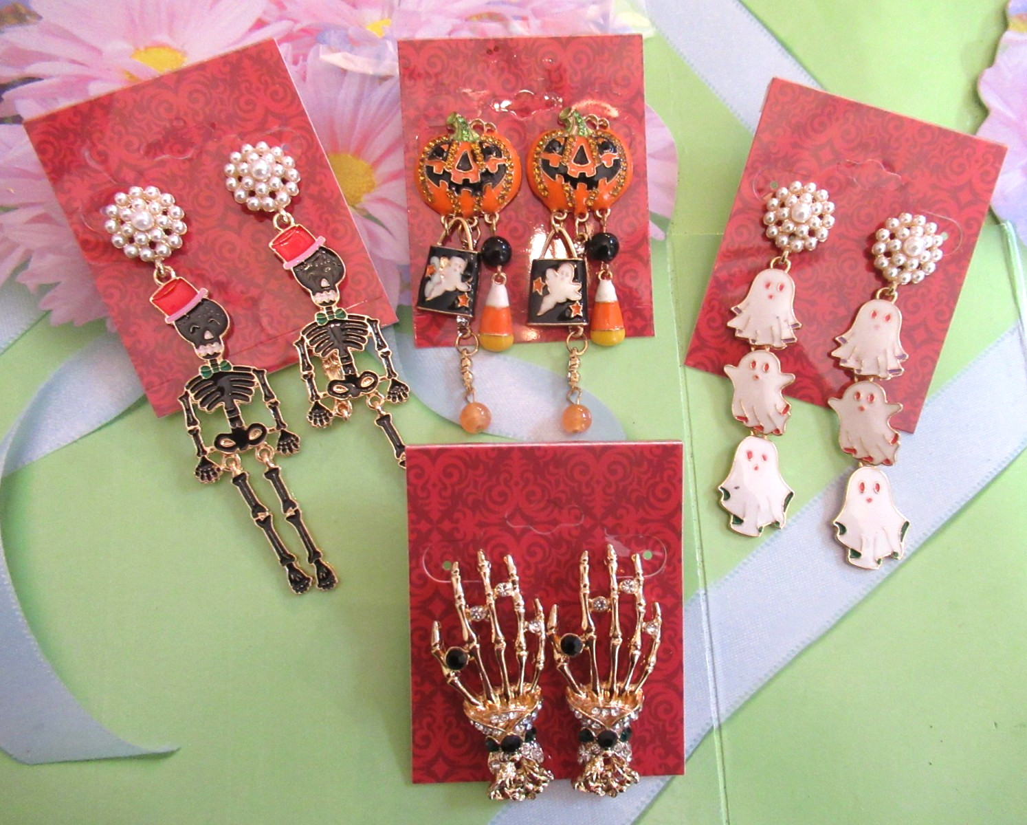 JACK-O-LANTERN LOT 4 PAIRS SKELETON GHOST HANDS HALLOWEEN EARRINGS NWT