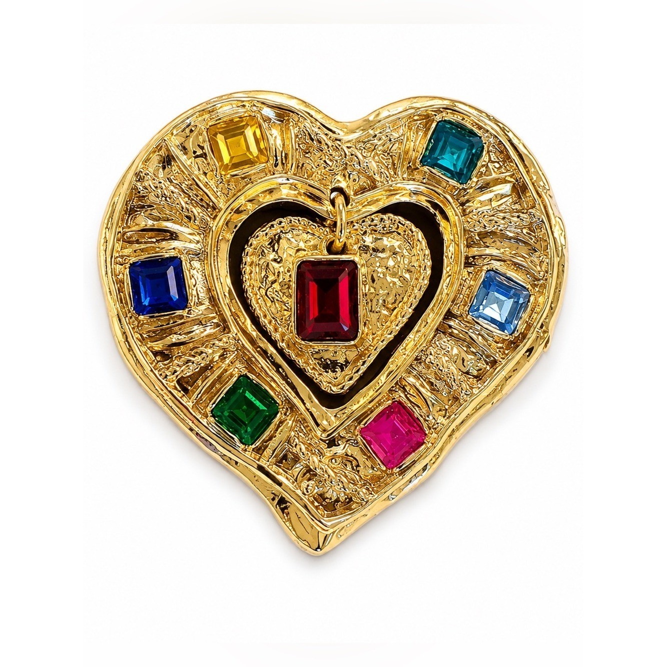 NWT Gold Tone Heart Brooch with Multicolor Crystal Accents